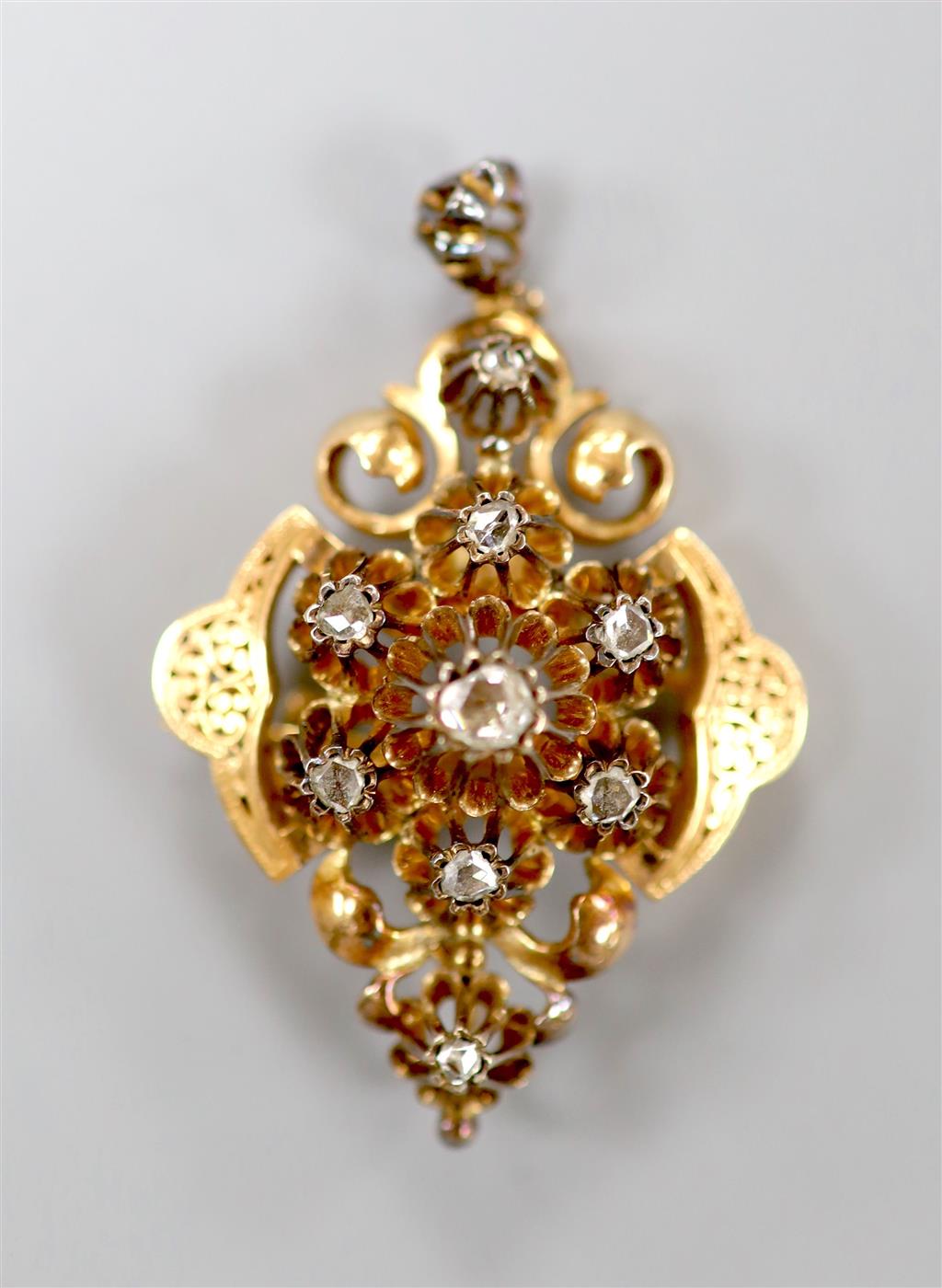 A late 19th/early 20th century Austro-Hungarian yellow metal and rose cut diamond set drop pendant brooch, 46mm